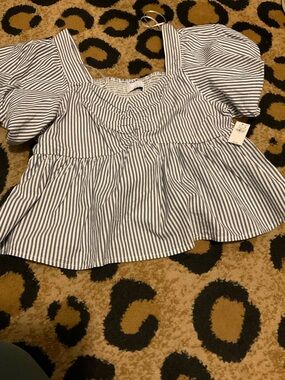 Old Navy Blue & White Striped Puff-Sleeve Peplum Top